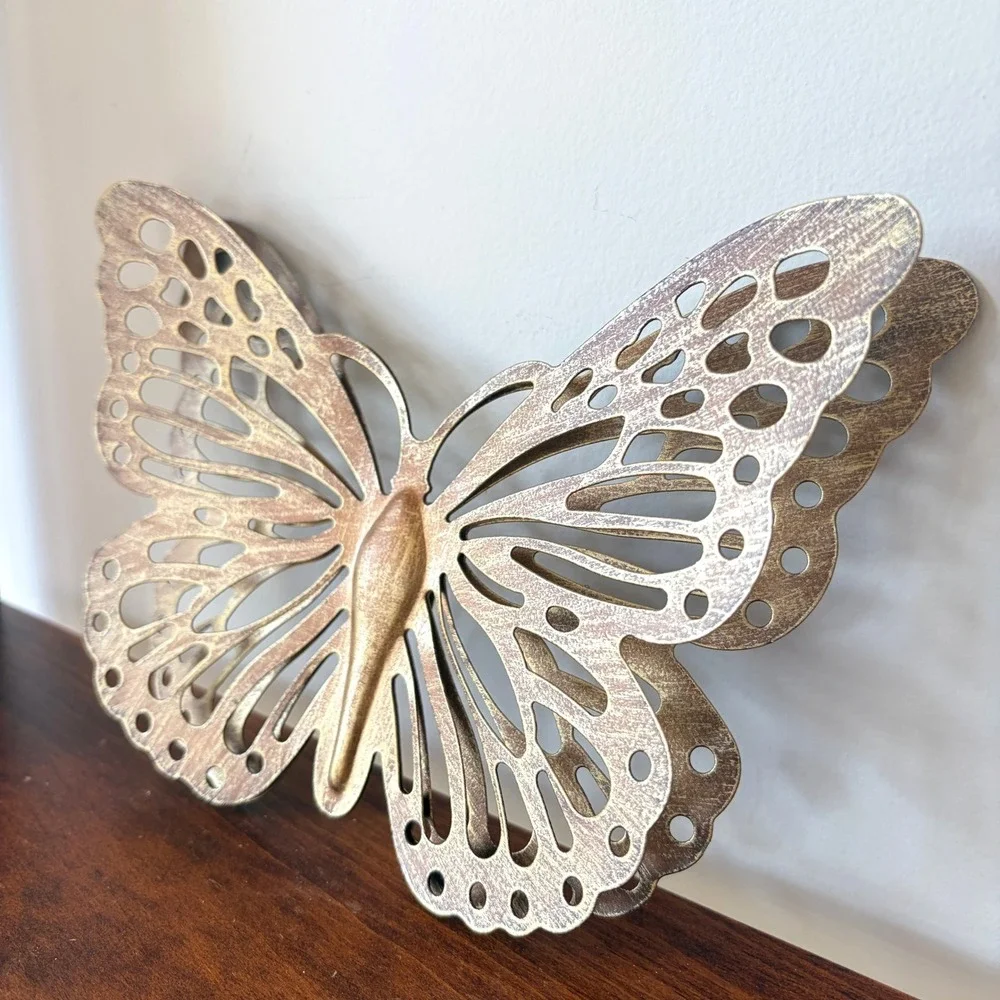 Vintage Gold Metal Butterfly Wall Hanging Filigree Openwork Decor 8 Inch